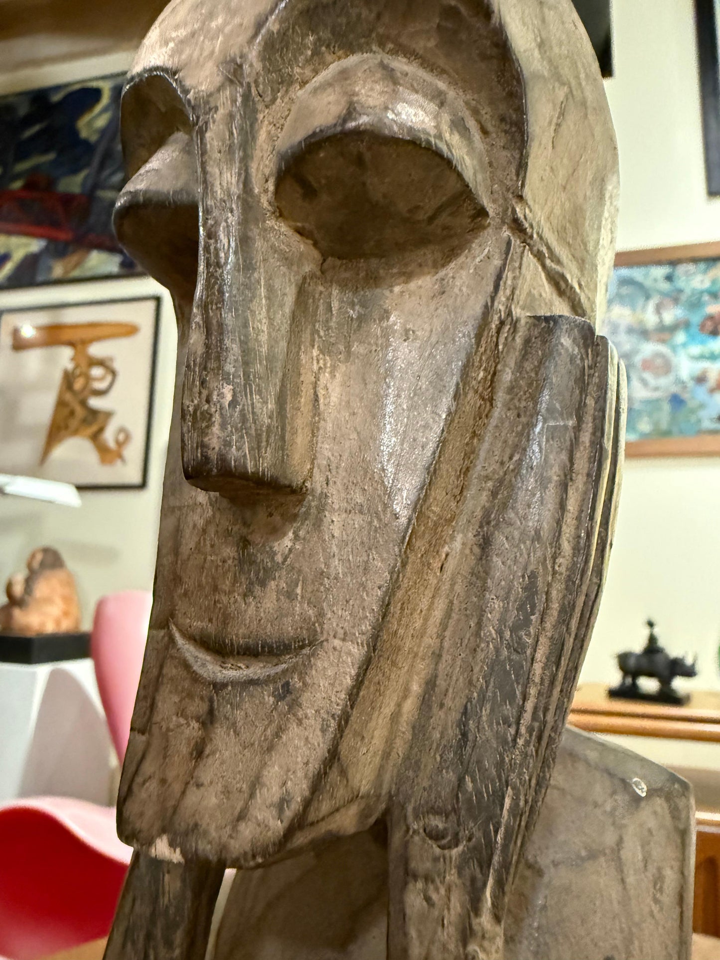 Hand-Carved Tribal Ancestral Figure with Horsehair Topknot