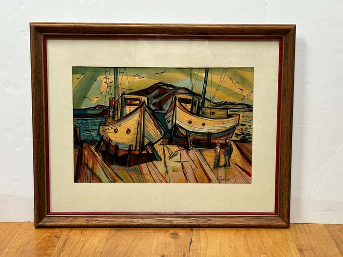 "Fishboats by the Hills" Colorful Watercolor Landscape by Ryan