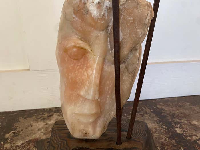 Metal Framed Alabaster Face Sculpture on Wood Base by Leon Saulter