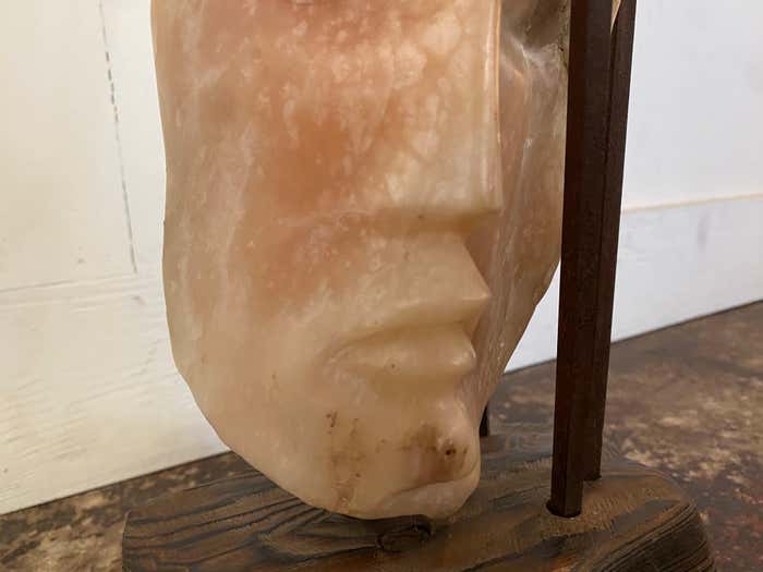 Metal Framed Alabaster Face Sculpture on Wood Base by Leon Saulter