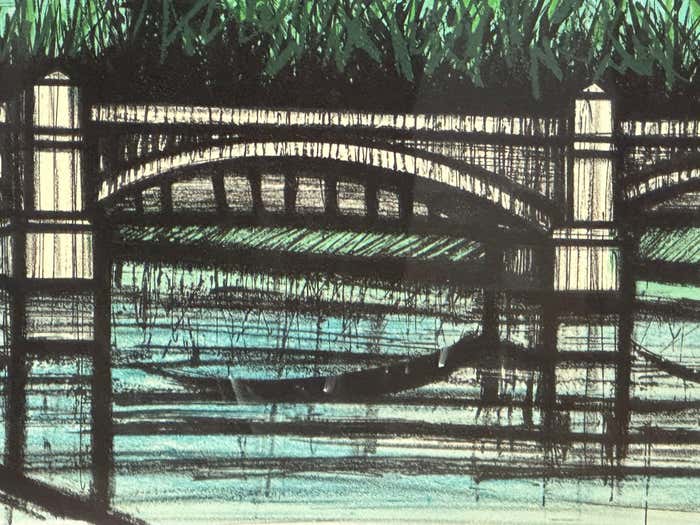 "Parisian Bridge by the Eiffel Tower" Landscape Lithograph by Bernard Buffet