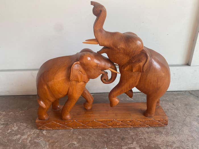 "Fight or Play" Midcentury Modern Wooden Elephants Sculpture