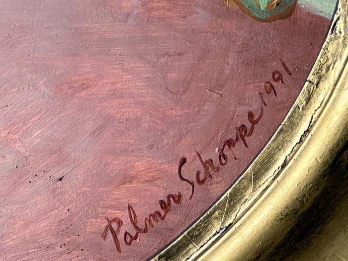 Masked Women #1, Oval Oil Portrait in a Gold Frame by Palmer Schoppe