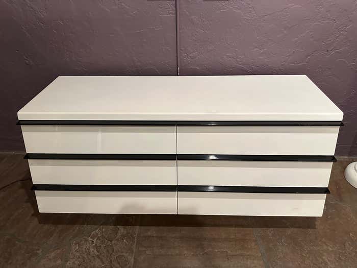 Modern Large White Lacquer Dresser with Long Black Handles