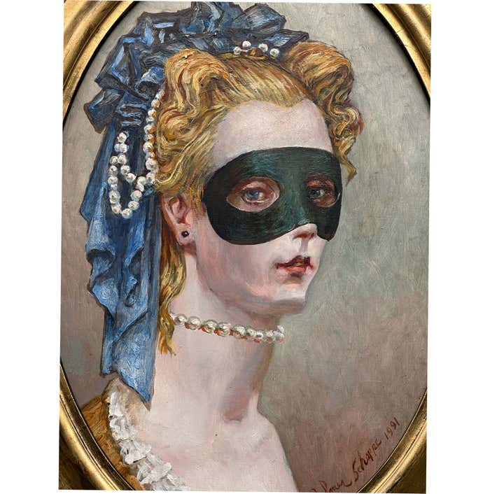 "Masked Woman #2", Oval Portrait on Oil in a Gold Frame by Palmer Schoppe