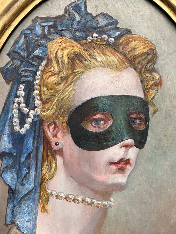 "Masked Woman #2", Oval Portrait on Oil in a Gold Frame by Palmer Schoppe