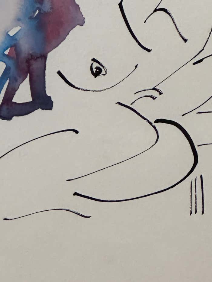"Blue Hair Woman and a Bird" Minimalist Watercolor #3 by Christopher Paul Cobb