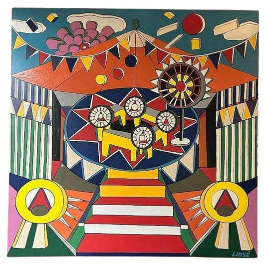 A Festive Circus Celebration Large Acrylic Painting signed L. Rise