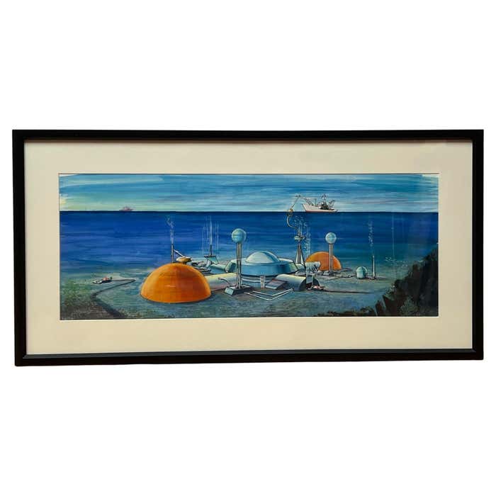 Submarine Dystopia #2 Futuristic Underwater Landscape Gouache