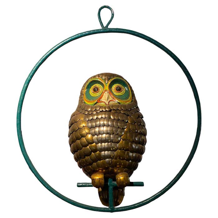 Large Modern Owl Sculpture on Hanging Perch by Sergio Bustamante