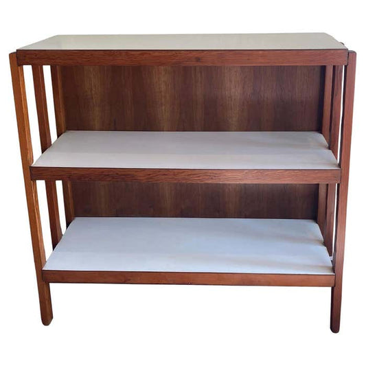 Midcentury Three-Tier Bookshelf – Pine and White Laminate