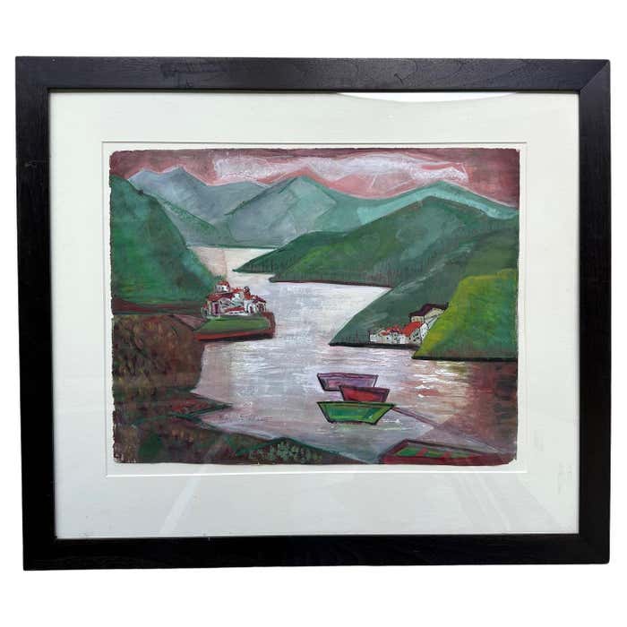 "Lake by the Mountains" Watercolor American Modern Landscape by Edna Stoddart