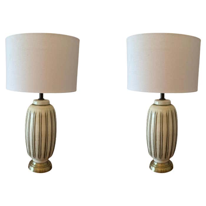 Pair of Mid-Century Ceramic Cream with Golden Stripes Table Lamps