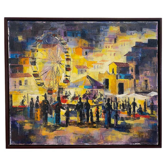 Post-Impressionist Colorful Night Fair Landscape Gouache by Epifanio Ortega