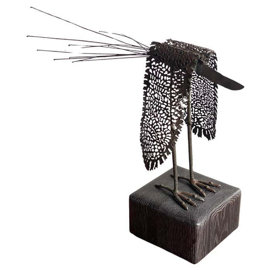 Modern Metal Bird Sculpture on Cerused Oak Base