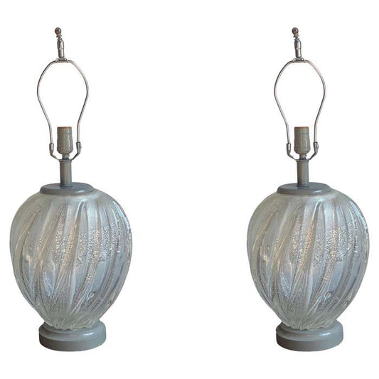 Pair of Curved Hand Blown Murano Glass Lamps