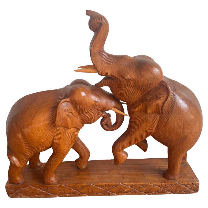"Fight or Play" Midcentury Modern Wooden Elephants Sculpture