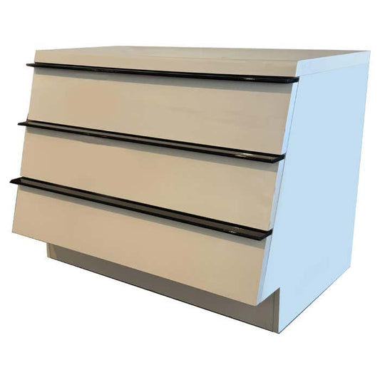 Modern White Lacquered Three-Drawer Dresser with Black Handles