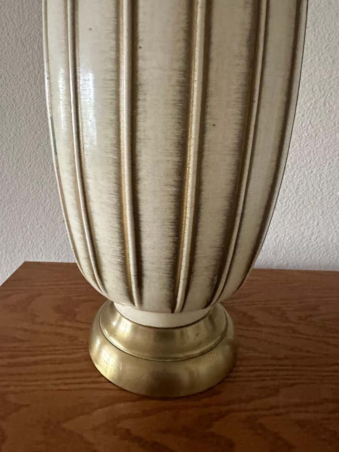 Pair of Mid-Century Ceramic Cream with Golden Stripes Table Lamps