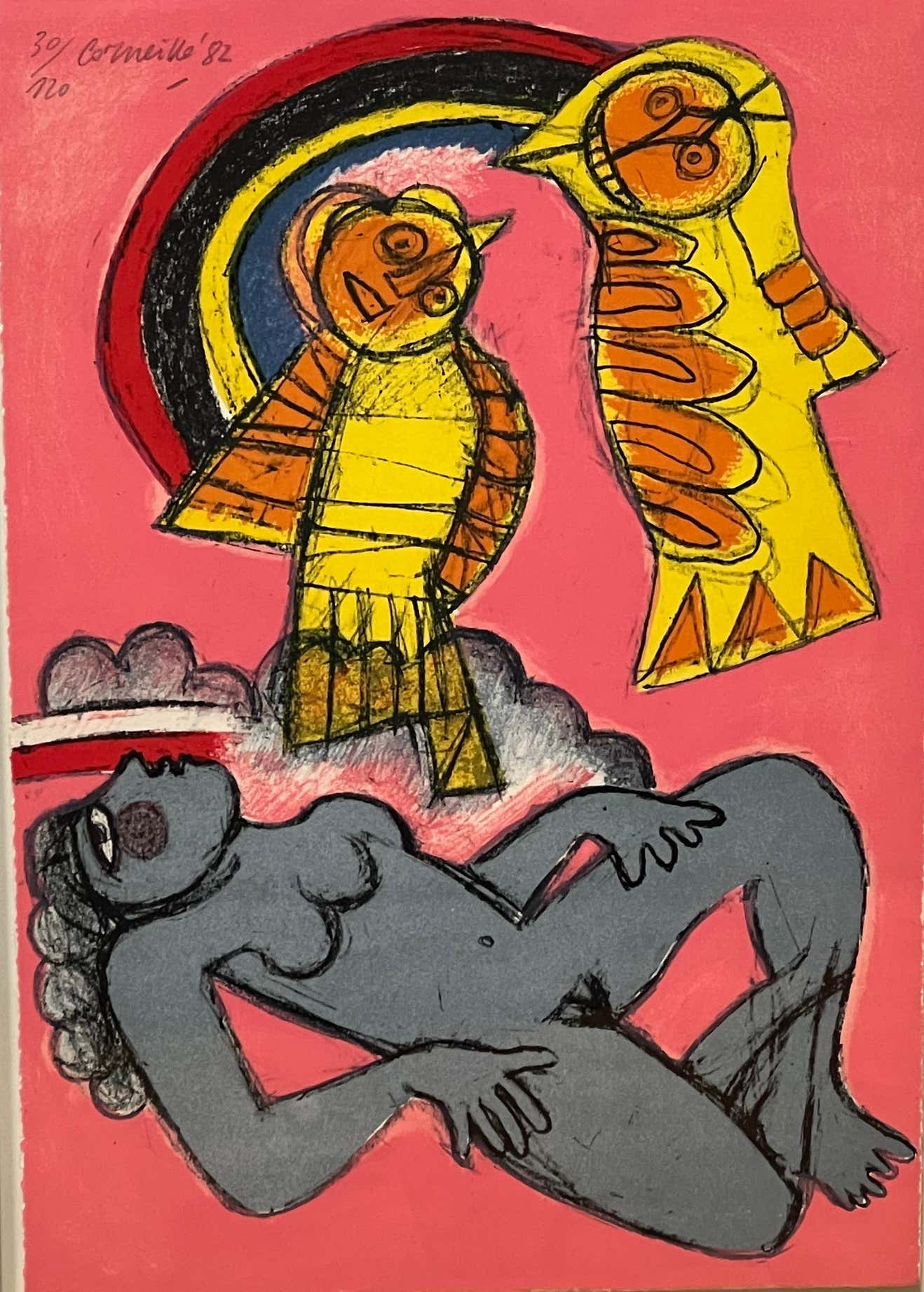 "Rainbow Birds and Nude" Lithograph by Corneille