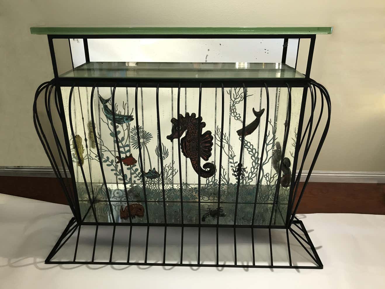 Incredible Aquarium Glass and Iron Console Bar with Ceramic Ocean Flora
