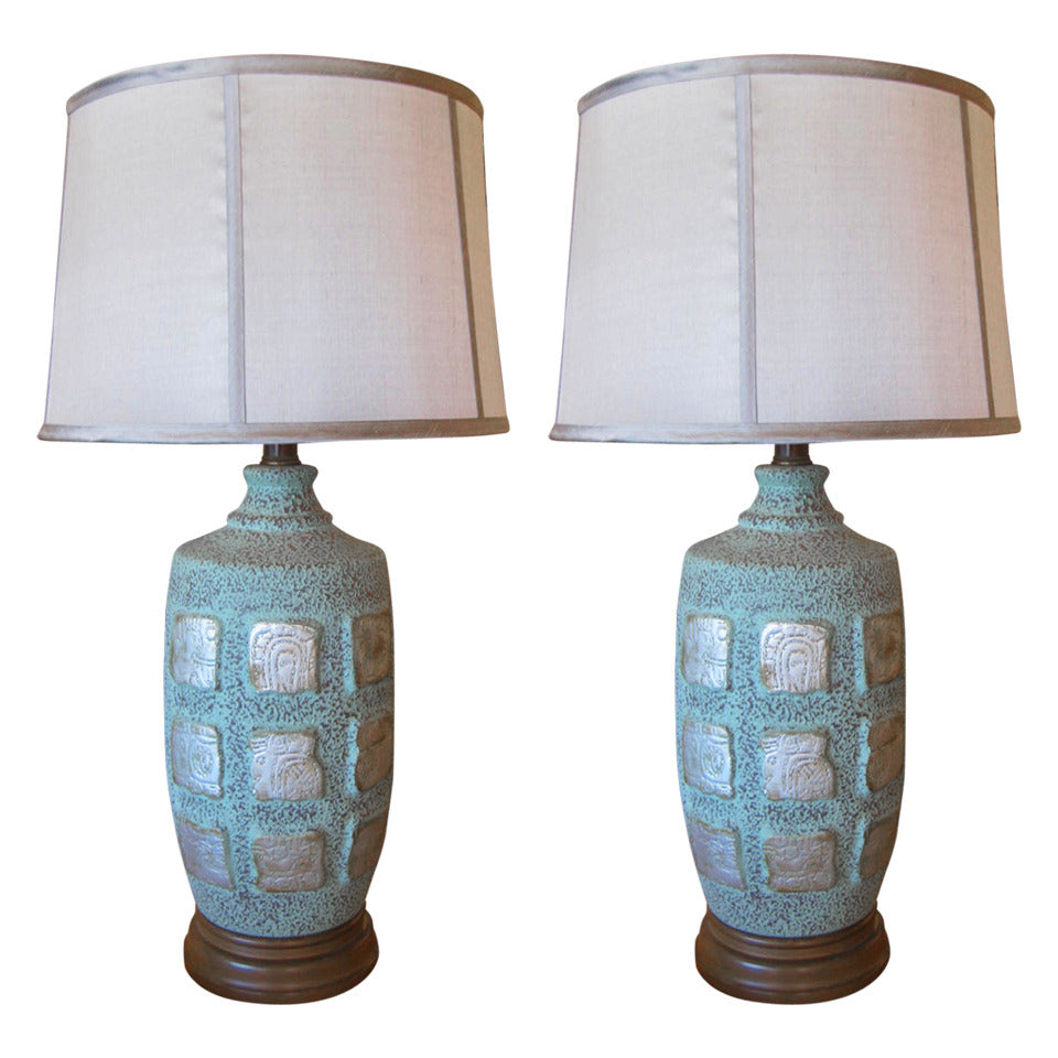 Maya Glyph Ceramic Lamps - A Pair