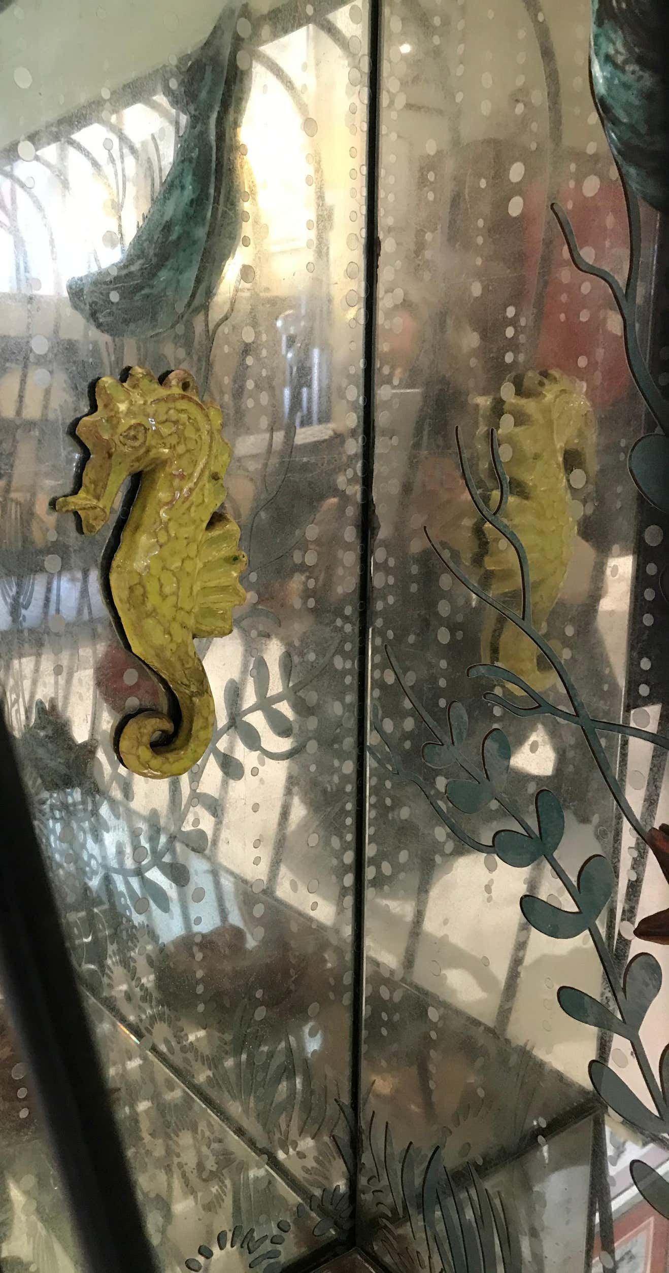 Incredible Aquarium Glass and Iron Console Bar with Ceramic Ocean Flora