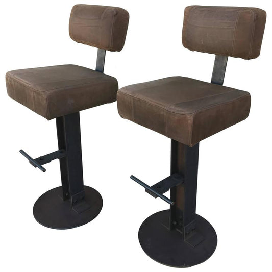 Brown Leather and Steel Industrial Bar Stools - a Pair