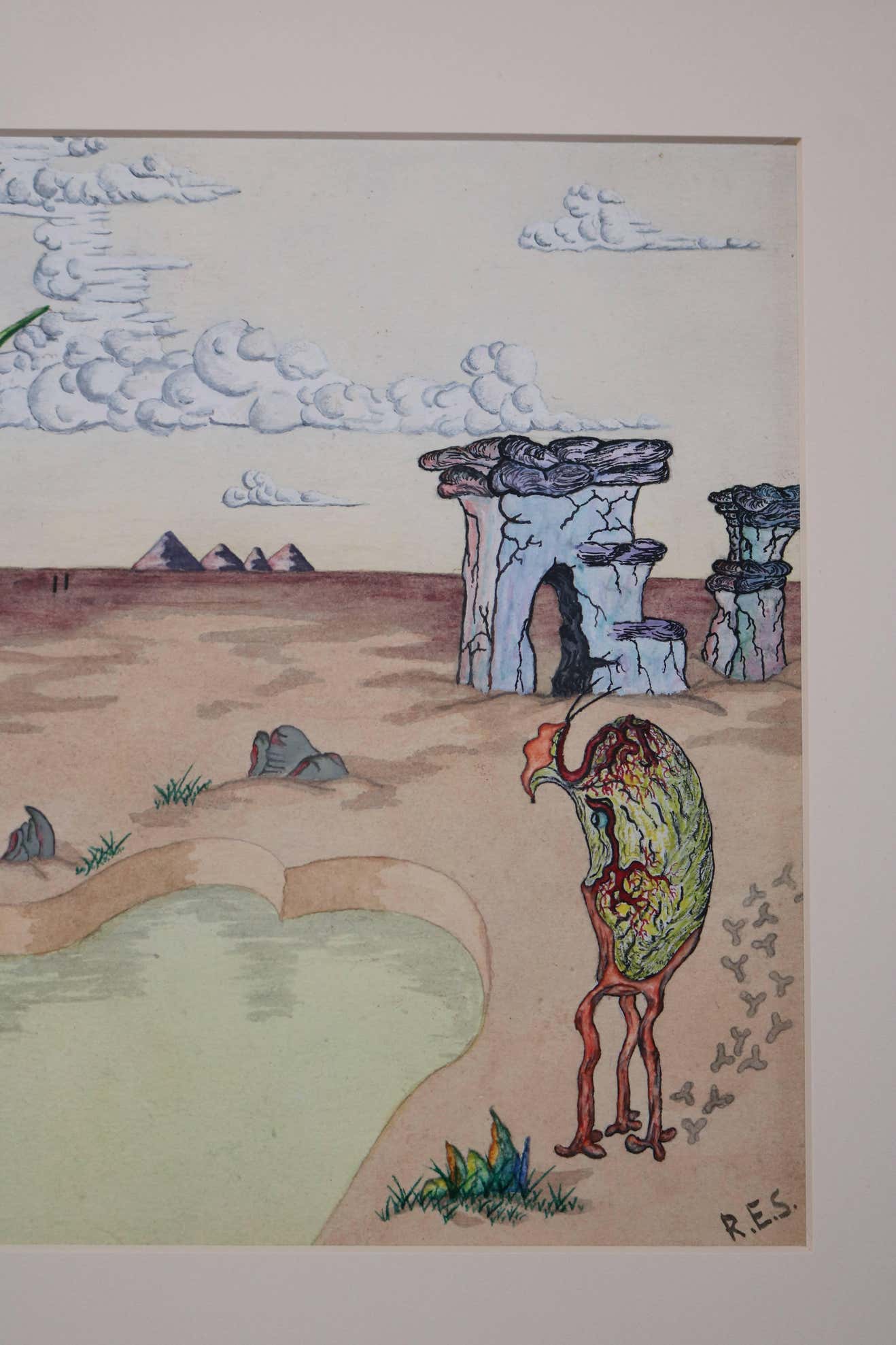 Surrealist Landscape Watercolor Signed R. E. Schwelke and Dated 1947