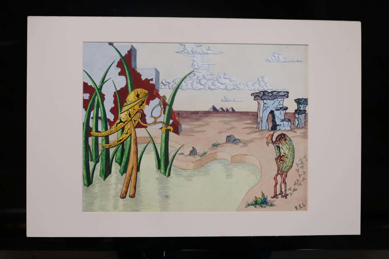 Surrealist Landscape Watercolor Signed R. E. Schwelke and Dated 1947