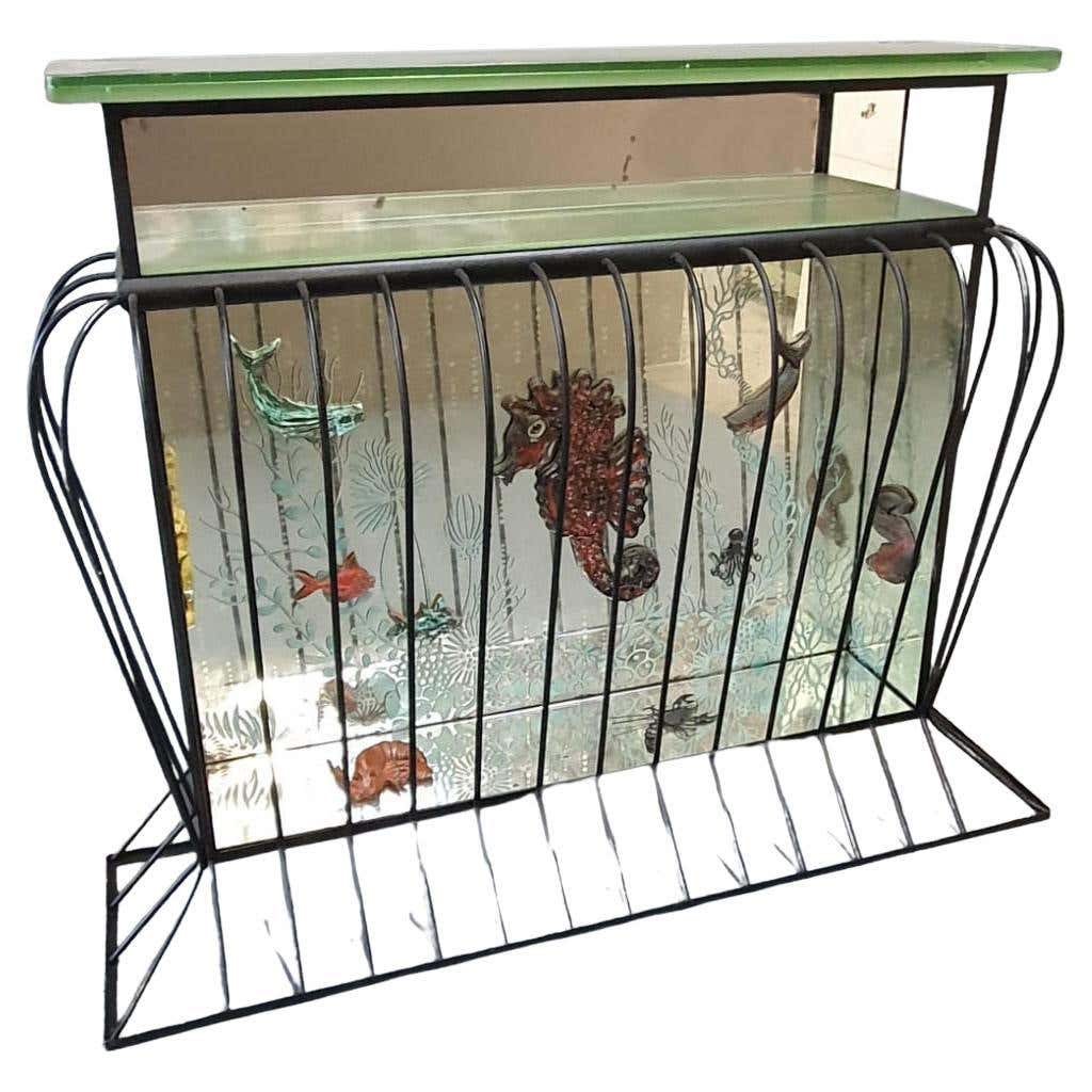 Incredible Aquarium Glass and Iron Console Bar with Ceramic Ocean Flora