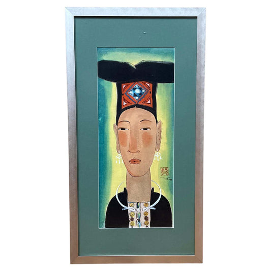 Traditional South Asian Woman Portrait Lithograph with Red Seal On Green Background