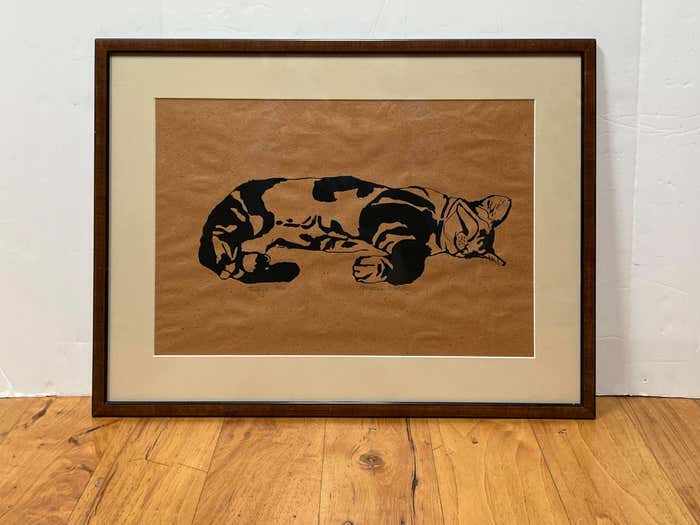Black and White Lithograph of a Resting Cat by Georganne C. White
