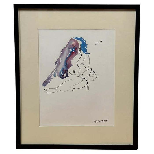 "Blue Hair Woman and a Bird" Minimalist Watercolour #3 by Christopher Paul Cobb