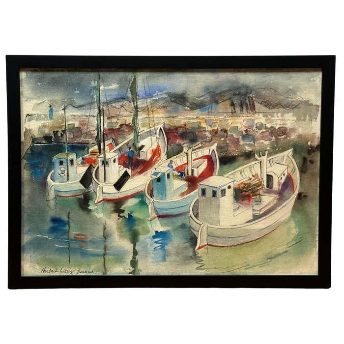 “Denmark” Boats At The Pier Modernist Watercolour by Herbert Lewis