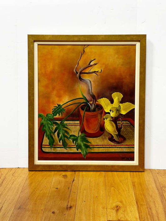 "Two Yellow Parakeets and the Surviving Plant" Oil Painting by Pat Berger