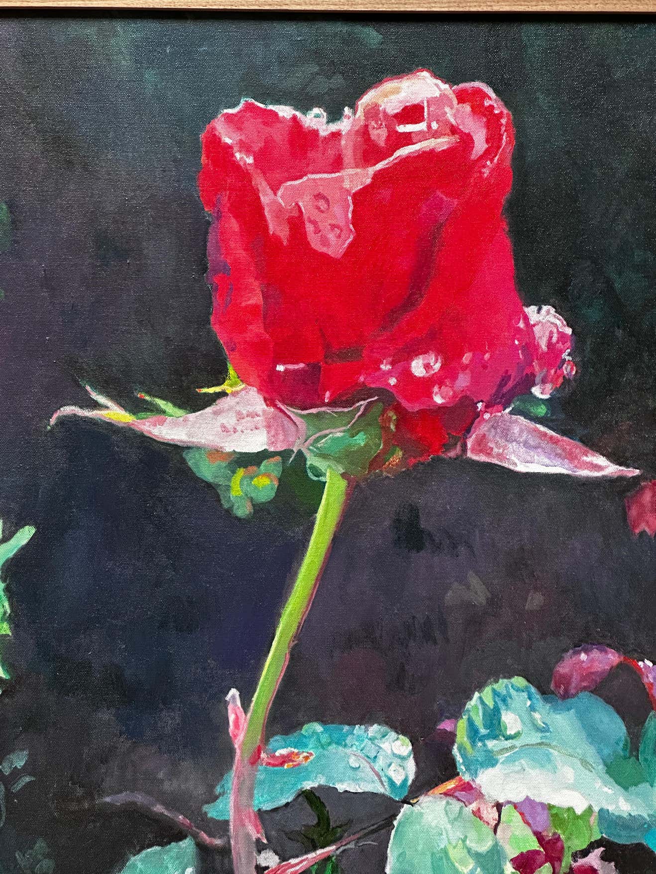 Red Rose on a Black Background Naturalistic Oil on Canvas by Pat Berger