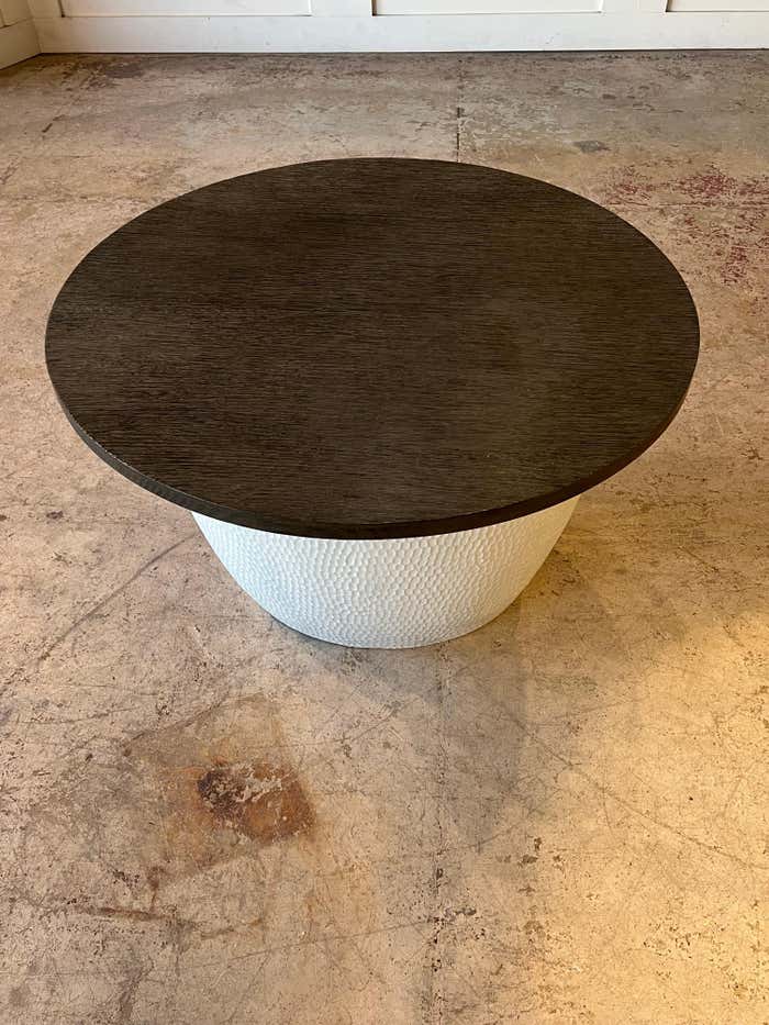 Brutalist Accent Coffee Table with Textured White Concrete Base and Wenge Top