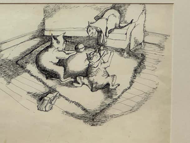 "Playful Pets" Satirical Ink Drawing of Three Cats