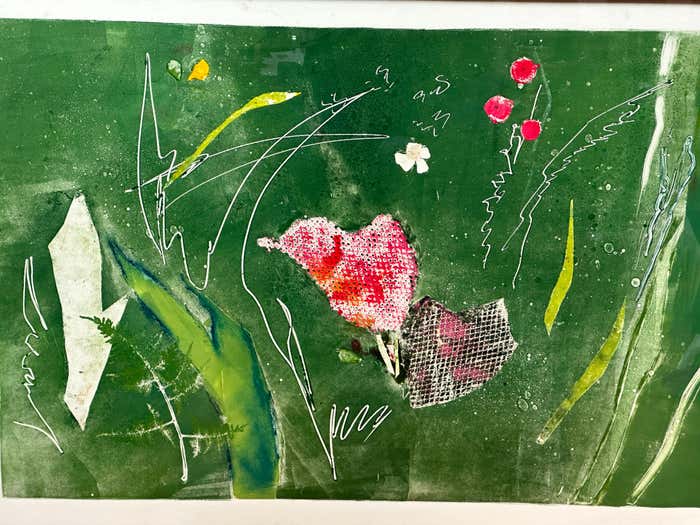 “Whispers of Eternity” Green and Pink Semi Abstract Lithograph