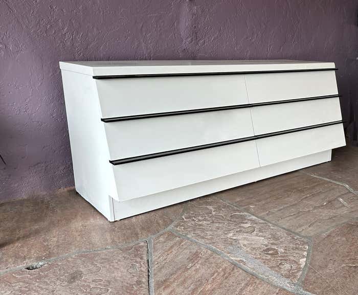 Modern Large White Lacquer Dresser with Long Black Handles