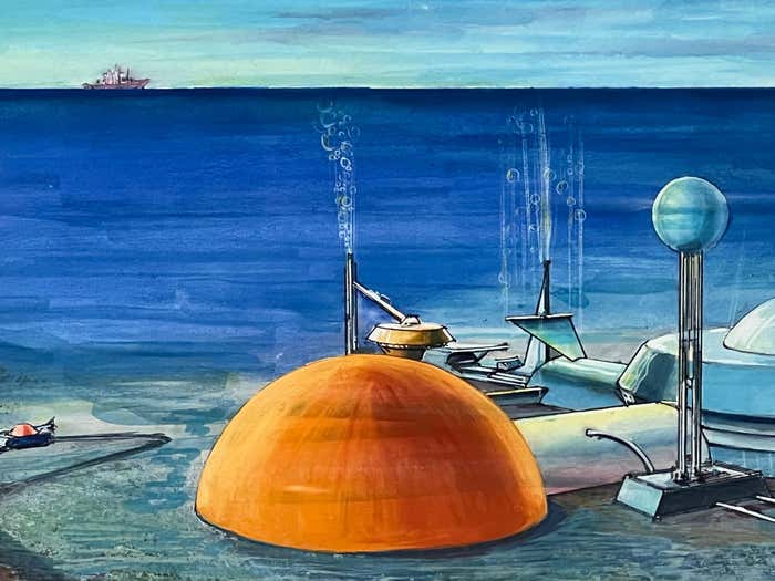 Submarine Dystopia #2 Futuristic Underwater Landscape Gouache