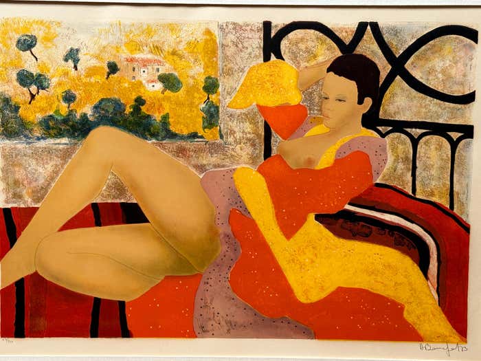 Colourful "Nude in Bed" Lithograph by Alain Bonnefoit