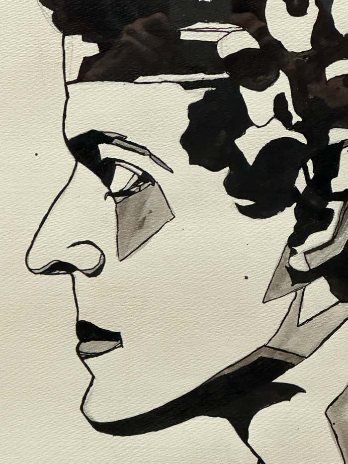 John Barrymore in Hamlet, Ink and Watercolor Drawing Portrait