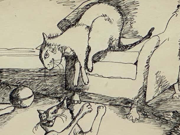 "Playful Pets" Satirical Ink Drawing of Three Cats