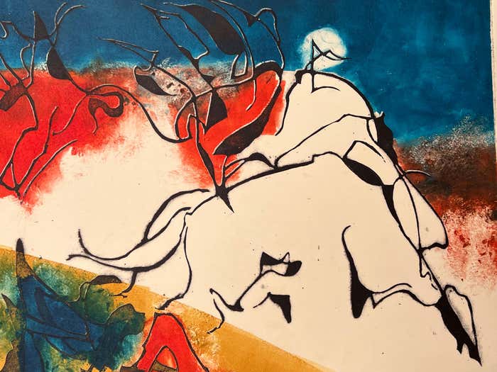 "Tumblers and White Horse" Monoprint by Eduard Franz