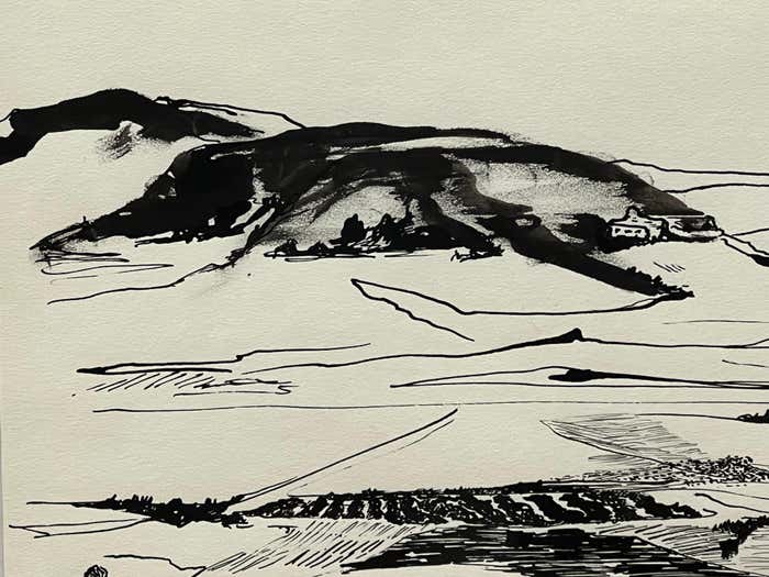 "Two Villages" - Black and White Ink Landscape Drawing By Joan Carl Strauss