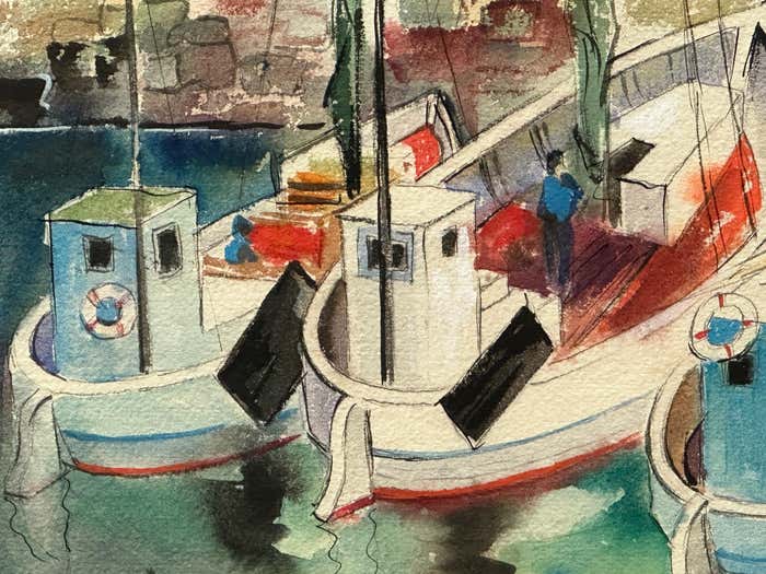 “Denmark” Boats At The Pier Modernist Watercolour by Herbert Lewis