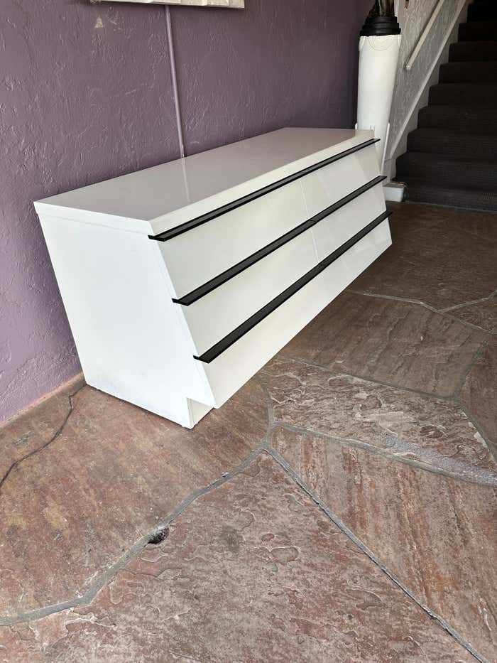 Modern Large White Lacquer Dresser with Long Black Handles