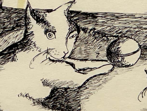 "Playful Pets" Satirical Ink Drawing of Three Cats